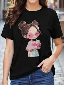 Camiseta de Mujer con Estampado Anime Kawaii Y2K - Diseño suave y lindo de té con leche y gafas de corazón, arte de manga japonés, corte holgado, manga corta, cuello redondo, estilo casual de verano, adecuada para uso diario, moda kawaii y convenciones de anime. - Negro - Ver 7