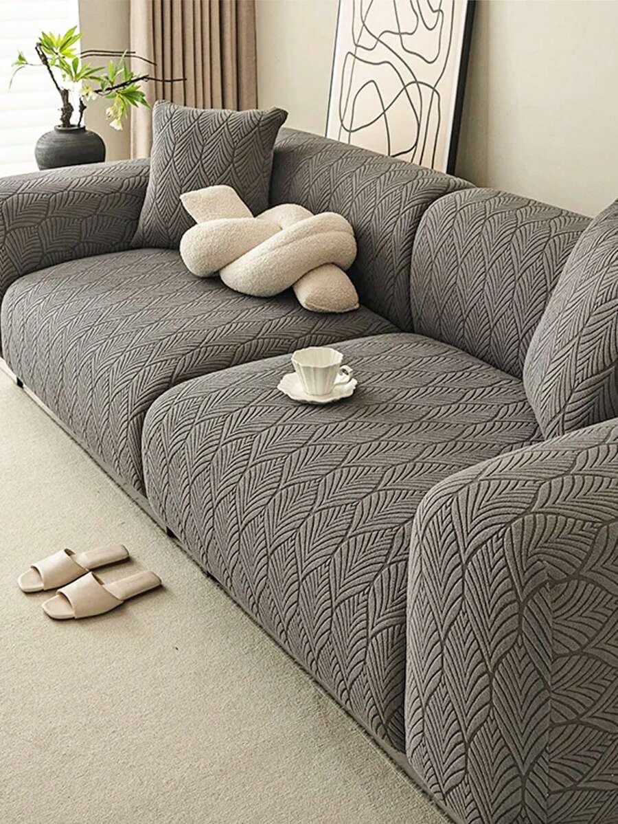 1pc Stretch Sofa Cover, Machine Washable, Non-Slip Sofa Protector, Suitable For Living Room Single To Four-Seater Sofa, Solid Color Textured Fabric, Suitable For All Seasons, Essential For Living Room | Minimalist Sofa Cover | Fitted Sofa Cover - Dark Grey - View 1