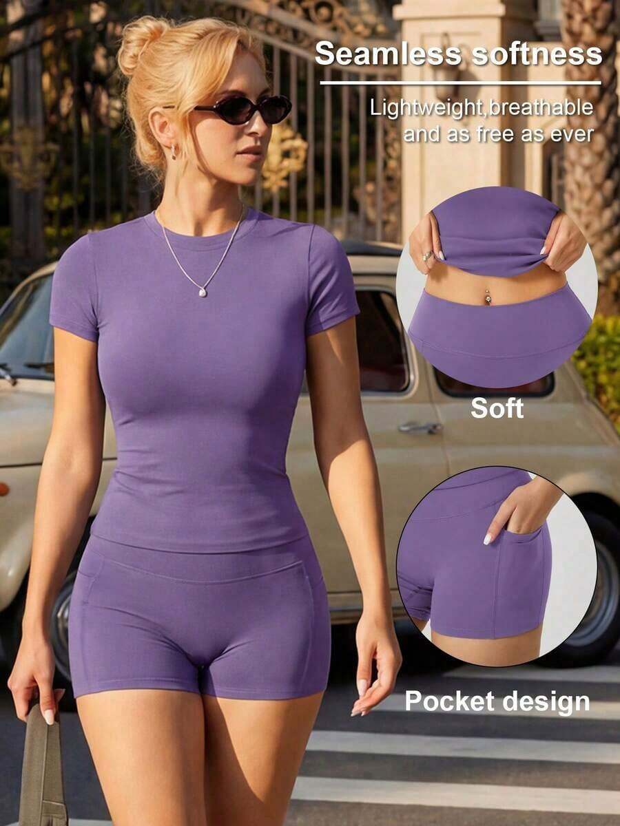 Conjunto de camiseta de manga corta de cuello redondo y pantalones cortos deportivos con bolsillo lateral para mujer, para el verano - Lila Púrpura - Ver 1