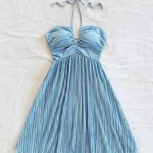 Easter Outfit Women Boho Women's Clothing Milkmaid Dress Women Easter Graduation Dress Summer Outfits For Women Summer Easter Dress Women Vacation Outfits Women Women's Solid Color Pleated Fashion Halter Mini Dress, Summer Dresses For Women - Beis - Ver 6