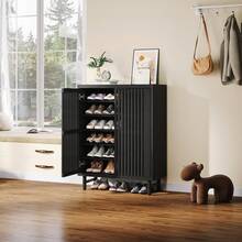 LITTLE TREE 6-Tier Large Shoe Organizer – Farmhouse-Style Wooden Cabinet With Shutter Doors & Adjustable Shelves, Hidden Storage For Entryway - màu đen - Xem 8