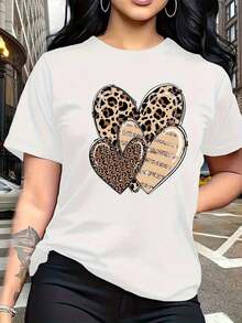Camiseta con Estampado de Leopardo y Diseño de Corazón - Manga Corta, Cuello Redondo, Estilo Casual con Apliques y Gráficos, Transpirable para Uso en Todas las Estaciones, Ideal para Conjuntos a Juego con Hermanas, Eventos, Viajes - Blusa Cómoda de Elasticidad Media para Uso Diario 100% Cotton Blusas Bonito - Blanco - Ver 1