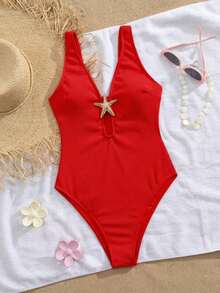 Traje de baño de una sola pieza para mujer, diseño de cortes circulares con cruce de bandas y decoración de estrellas de mar metálica, que proporciona control de abdomen - Rojo - Ver 5