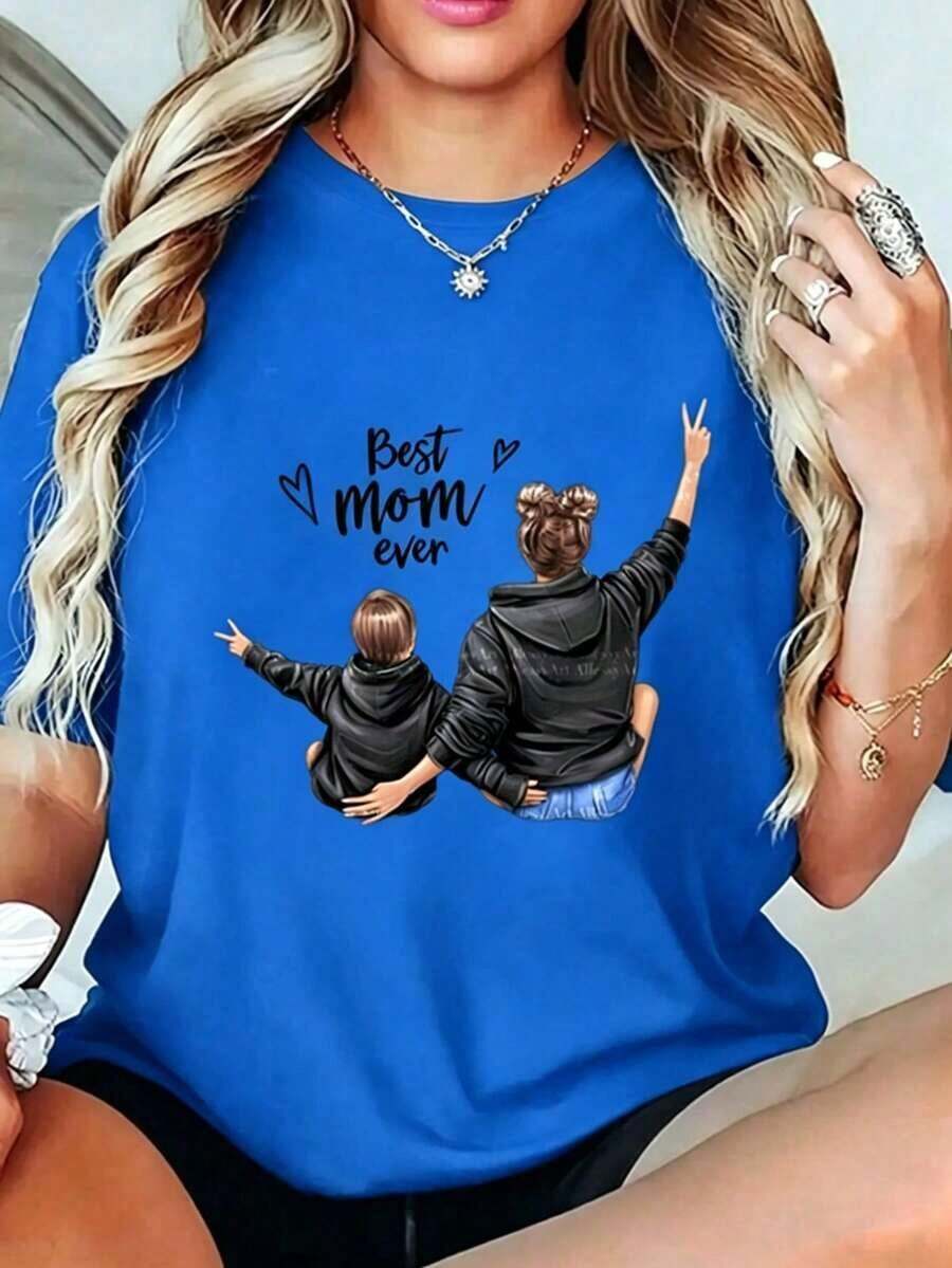 SoftT-Shirt Children's Day And Mother's Day, Mother And Son Printed T-Shirt, World's Best Mom Urban Style, Crew Neck, Loose Fit, Basic, Unisex, Breathable, Quick Dry, Versatile, Machine Washable, Comfortable, Sizes S To 2XL, Daily, Casual, Sporty, Essential, Summer, 189g, Black And White, High Quality. Breathable Cotton T-Shirt, Goes With Everything. - 藍色的 - 查看 1