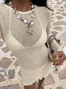 Vestido de cárdigan de punto corto de manga larga con cuello redondo y calado en azul claro, nuevo vestido de punto elegante, casual y cómodo para primavera/verano de las mujeres, ideal para fiesta de traje de baño, playa, vacaciones, unicolor minimalista falda corta - Arroz con albaricoque - Ver 2