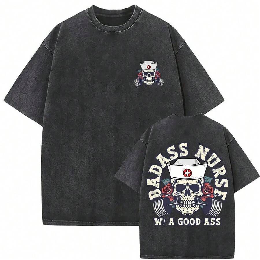 Fun Oversized T-Shirt For Men And Women, Vintage Style, Washed Skeleton Print, Gym Style, For Casual Workouts, Fitness, Girls' Clothing, Men's T-Shirt, Women's Blouses, Durable Cotton, Everyday Wear, With National Shipping - 白色 - 查看 1