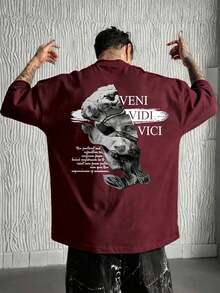 Camiseta de Algodón para Hombre, Negra, de Manga Corta, con Estampado Abstracto de Retrato Escultórico - Rojo - Ver 6