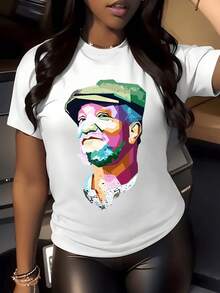 Rostro abstracto de colores vibrantes que inspira modernidad y libertad artística con líneas geométricas que reflejan energía y creatividad camiseta de mujer casual moderna para uso diario - Blanco - Ver 5