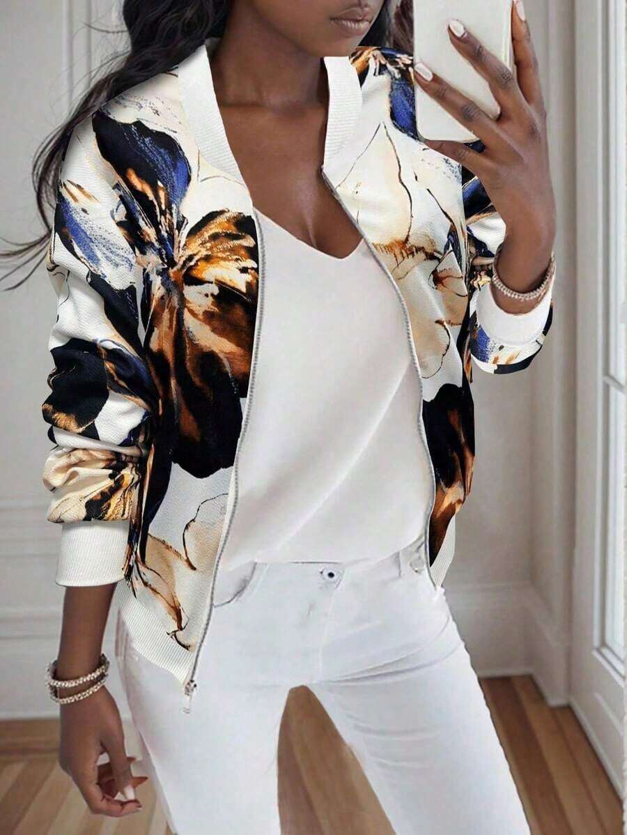 Chaqueta con cremallera con estampado floral casual para mujer - Multicolor 7 - Ver 1
