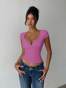 corta de mujer de verano de unicolor con encaje de contraste ajustada - Rosa Fucsia - Ver 5