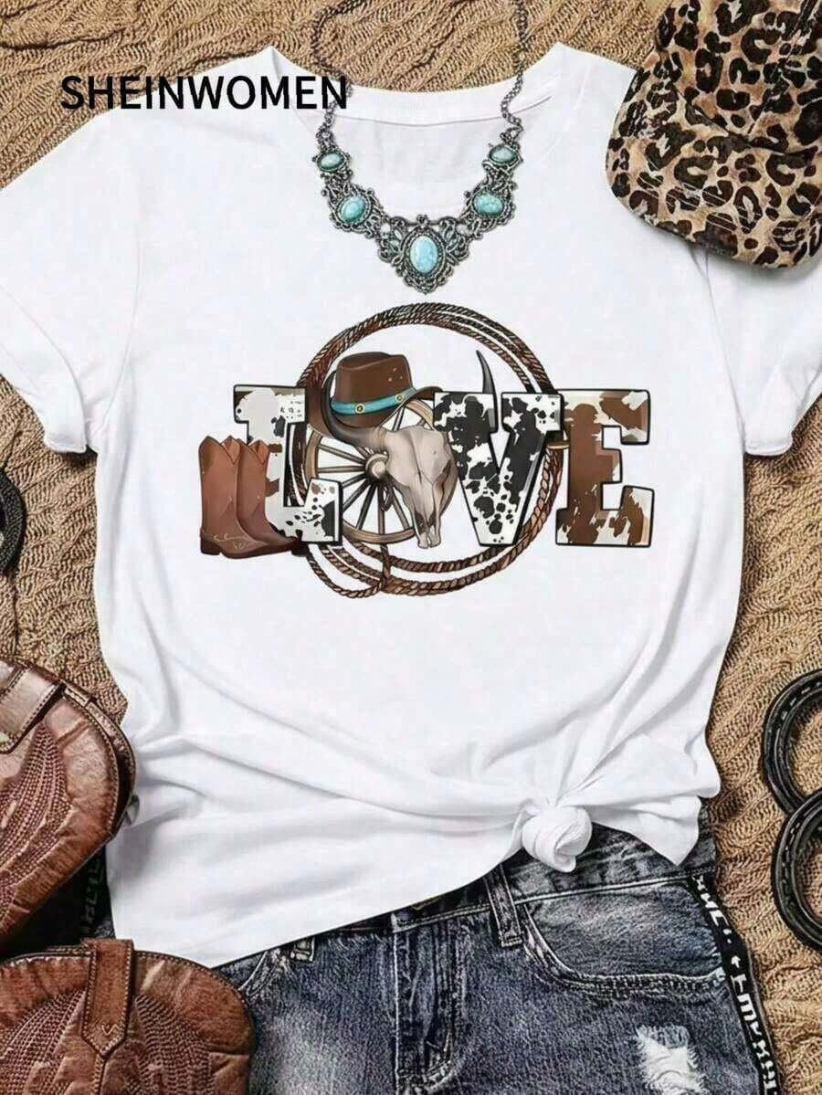 Soft Women's Summer Casual Shirt, Loose Fit, Denim Style, LOVE Print, Round Neck, Short Sleeve, Ideal For Spring And Summer Outdoor Parties, Limited Time Offer, Women's Warm Clothing - 白色的 - 查看 1