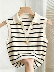 Chaleco de punto de rayas con cuello para mujer, elegante y casual - Blanco y Negro - Ver 1