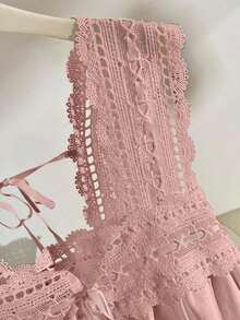 Blusa sin mangas de verano para mujer, de unicolor con parches de encaje - Rosa - Ver 7