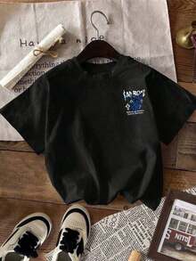 Nueva Colección 2026: Camiseta de Algodón para Mujer, Estilo Casual con Gráfico de Chico Triste, Color Negro, Cuello Redondo, Hombros Caídos, Manga Corta, Estilo Urbano, Algodón Ligero - Negro - Ver 7