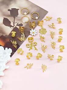 27个金色雏菊蝴蝶装饰发圈，珍珠点缀 - 优雅可调节发夹，精致波西米亚风发饰，适合编发和辫子 - 金色 - 查看 3