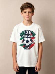Camiseta de niño con diseño estampado, no texturizado, Fútbol Mexicano 2026, Patrón de fútbol, Ropa deportiva casual, Ropa, Adecuada para niños de 5 a 13 años, Uso diario - Negro - Ver 6