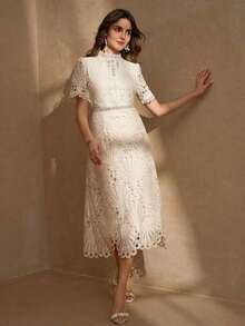 Vestido de encaje blanco elegante de largo medio, con mangas cortas con volantes, diseño de cuello con volantes en forma de A para el verano - Albaricoque - Ver 8