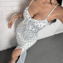Women's Vacation Ditsy Floral Side Slit Hem Spaghetti Strap Dress,Summer Dresses For Women Baby Blue Dress - Rojo - Ver 7