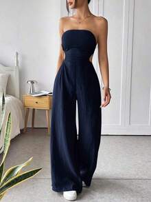Mono de pierna ancha informal de mujer de talla grande, de algodón, con tirantes finos y espalda descubierta, para verano - Azul marino - Ver 5