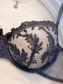 5pcs Women's Sheer Embroidered Mesh Underwire Lingerie Set - Grey - View 4