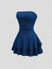 Vestido mini de punto sin tirantes de unicolor minimalista para mujer, vestido de pastel de múltiples capas - Agua verde azul - Ver 7