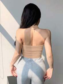 Top de tirantes finos y espalda descubierta de corte ceñido y corto en color marrón, adecuado para verano y primavera en estilo Y2K - Albaricoque 2 - Ver 4