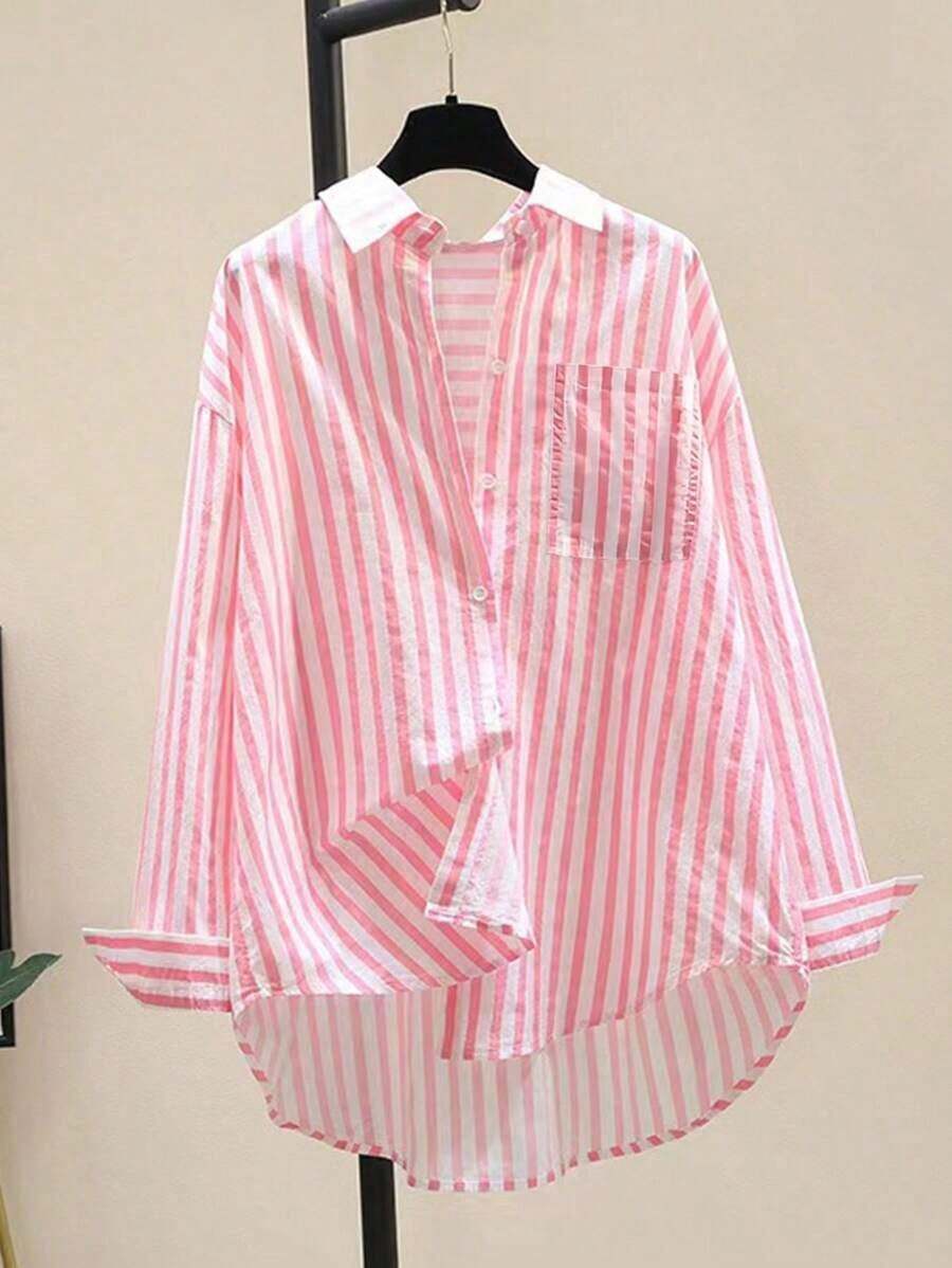 Camisa de manga larga casual con bolsillo en el pecho y estampado de rayas para mujeres, otoño e invierno - Rosa - Ver 1