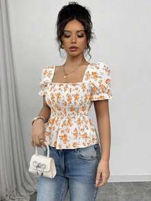 Blusa de mujer con estampado floral diminuto, mangas abullonadas y dobladillo con volantes - Amarillo - Ver 3