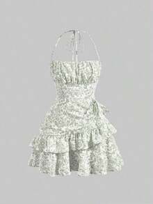Vestido mini con cuello halter romántico y de moda para mujer - Verde - Ver 5