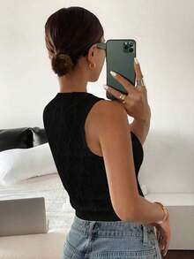 Top sin mangas blanco puro con bordado, de estilo "Old Money", casual y lindo para verano, para salir - Negro - Ver 2
