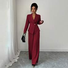 Women's Long Sleeve Blazer & Straight Leg Pants Set, Solid Color Elegant Office Style Two Piece Suit - 白色(長袖) - 查看 3