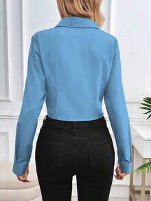 Blusa de unicolor informal para mujer para usar en el trabajo/diario, primavera-verano, con mangas largas - Azul - Ver 2