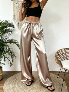 1pc Solid Color Drawstring Pocket Pants, Suitable For Home, Daily Wear, Holidays, Singles Party, Satin, All Seasons Spring - Apricot - View 3