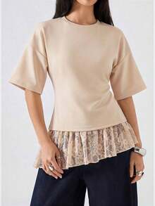 Camiseta de mujer de unicolor con cuello redondo, hombros caídos, manga corta, parche de encaje, bajo irregular con volantes - Albaricoque - Ver 6