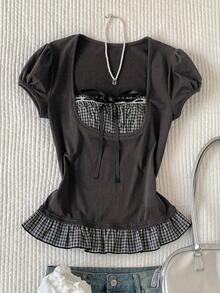 Blusa de verano elegante con volantes en el bajo, estampado de flores diminutas y parches - Gris Oscuro - Ver 5