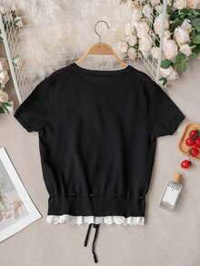 Cárdigan de punto gris de manga corta para mujer, de corte slim, con estilo universitario de verano, cuello redondo, parche de encaje y dobladillo con cordón - Negro - Ver 7