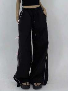 Pantalones casuales de pierna ancha con cordón en contraste y ribeteamionto - Negro 3 - Ver 7