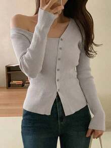 Blusa casual de mujer de punto acanalado con botones y manga corta - Gris - Ver 7