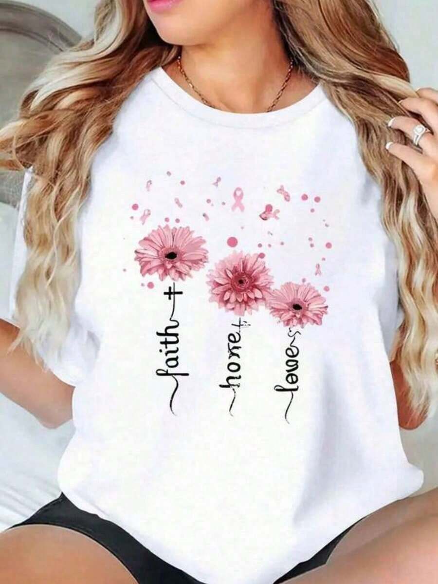 Camiseta de Mujer Faith Hope Daisy para la Concientización sobre el Cáncer de Mama - Blanco - Ver 1