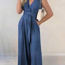 Women's Elegant Vacation Criss-Cross Front Tie Up Pockets Wide Leg Casual Jumpsuit - Azul - Ver 5