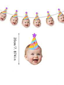 7/14/21件套定制宝宝照片生日横幅，个性化人脸花环，可定制年龄，6种派对帽款式，1岁/3岁/5岁生日照片装饰旗，可爱儿童生日帽派对装饰，可定制宝宝生日庆祝照片横幅，个性化礼物 - 黃色 - 查看 4