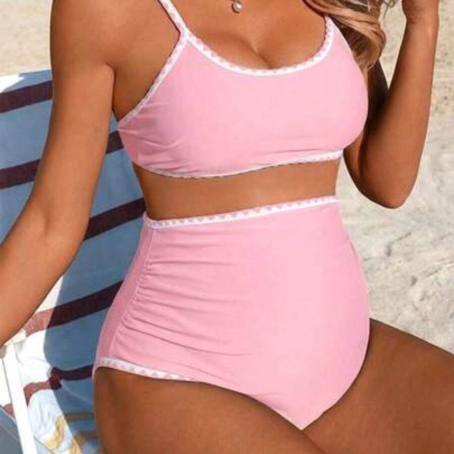 Swim Vcay Conjunto de traje de baño de maternidad casual de vacaciones de verano con diente de tiburón en contraste de color negro, 26SS - Rosa - Ver 1