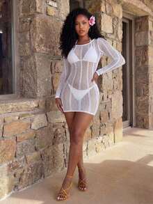Vestido de playa para mujer tipo body con manga larga calado y malla, color negro - Blanco 2 - Ver 3