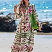 Women's Colorful Floral V-Neck Drawstring Long Sleeve Dress, Suitable For Spring/Summer Leopard Dress,Sun Dresses For Women Holiday Autumn Boho Chic Dress,Vacation - Multicolor - Ver 4