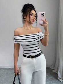 Elegante camiseta a rayas de hombros descubiertos, estilo francés vintage, para uso en vacaciones de estilo bohemio y para uso diario casual - Blanco - Ver 3