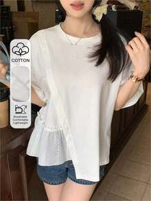 Camiseta casual de mujer para el verano con cuello redondo, manga corta, ajuste holgado y dobladillo con volantes y un solo unicolor - Blanco - Ver 1