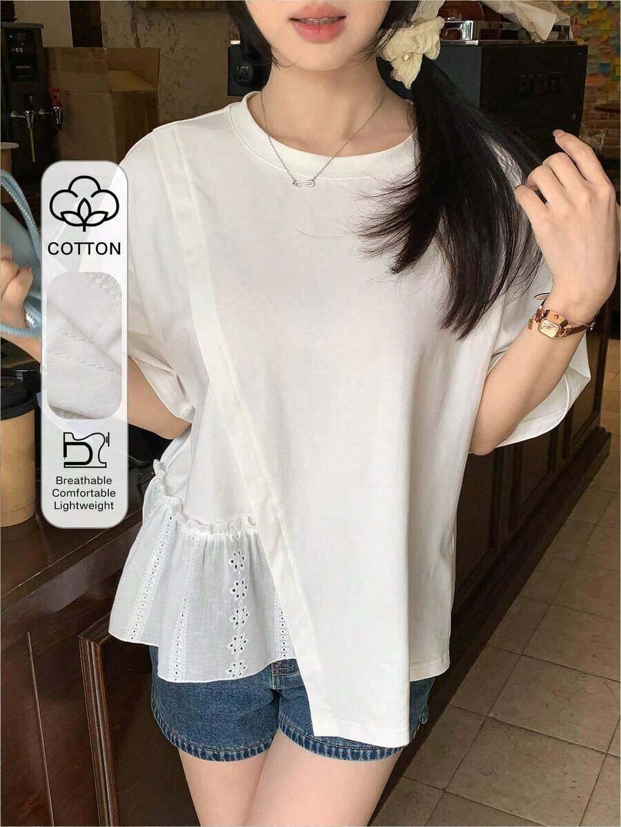 Camiseta casual de mujer para el verano con cuello redondo, manga corta, ajuste holgado y dobladillo con volantes y un solo unicolor - Blanco - Ver 1