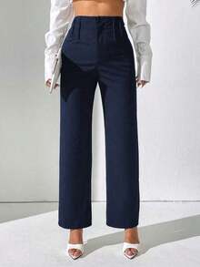 PETITE Pantalones rectos de uso casual diario de unicolor para damas - Azul marino - Ver 7
