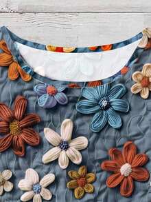 Blusa de mujer de cuello redondo y manga corta con estampado floral casual, adecuada para primavera/verano - Multicolor 2 - Ver 5
