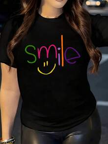1 pieza de ropa interior diaria, adecuada para usar como prenda exterior, conjunto cálido y cómodo, con estampado de texto motivador "Smile", camiseta casual de moda para mujer de talla grande con cuello redondo para primavera-verano, 180g, 100% algodón. - Negro - Ver 6